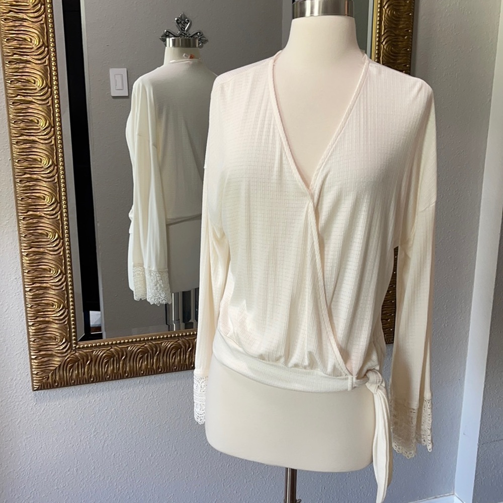 Xhilaration Cream Wrap Blouse with Lace Cuffs